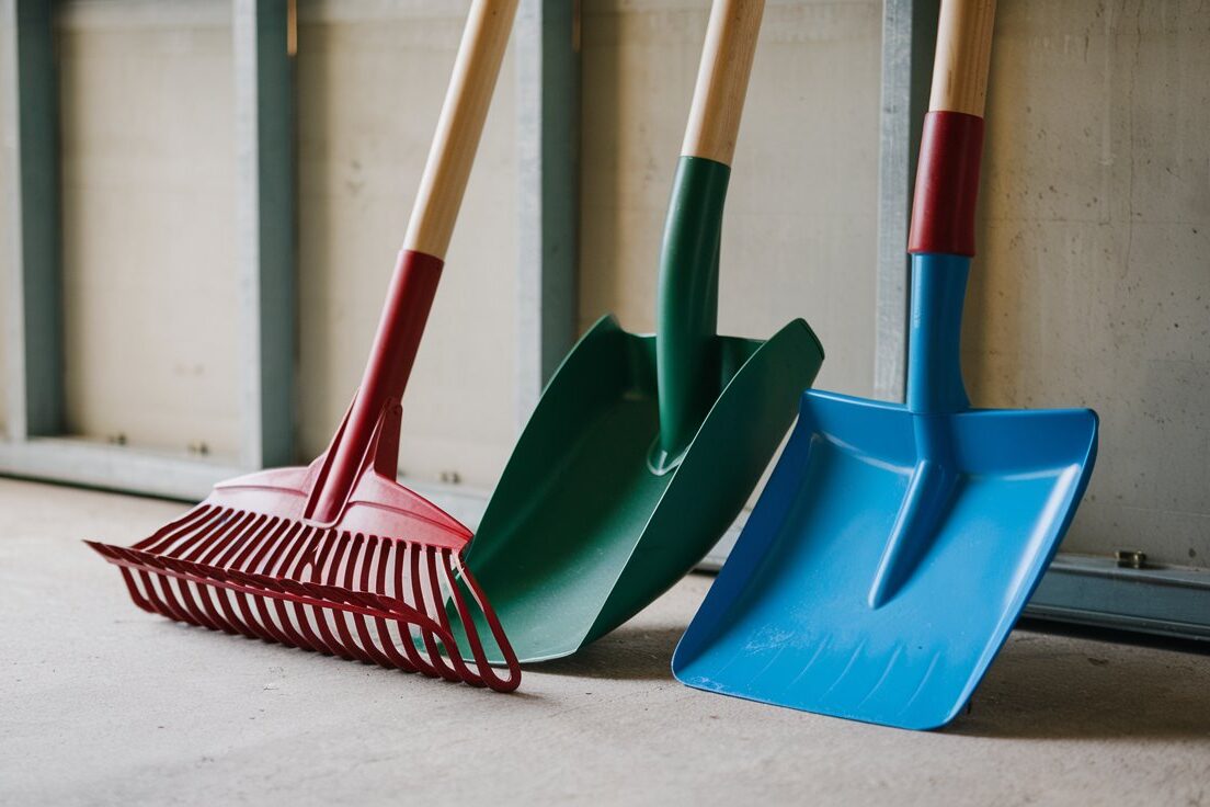 Outils de jardin dans un garage